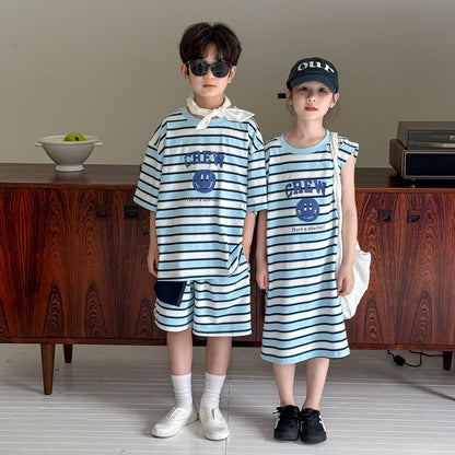 半袖セットアップ スマイルボーダープリントノースリーブワンピース/半袖Tシャツ+ショートパンツセット【mh0010048】