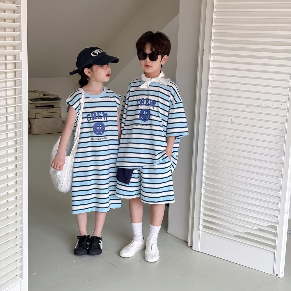 半袖セットアップ スマイルボーダープリントノースリーブワンピース/半袖Tシャツ+ショートパンツセット【mh0010048】