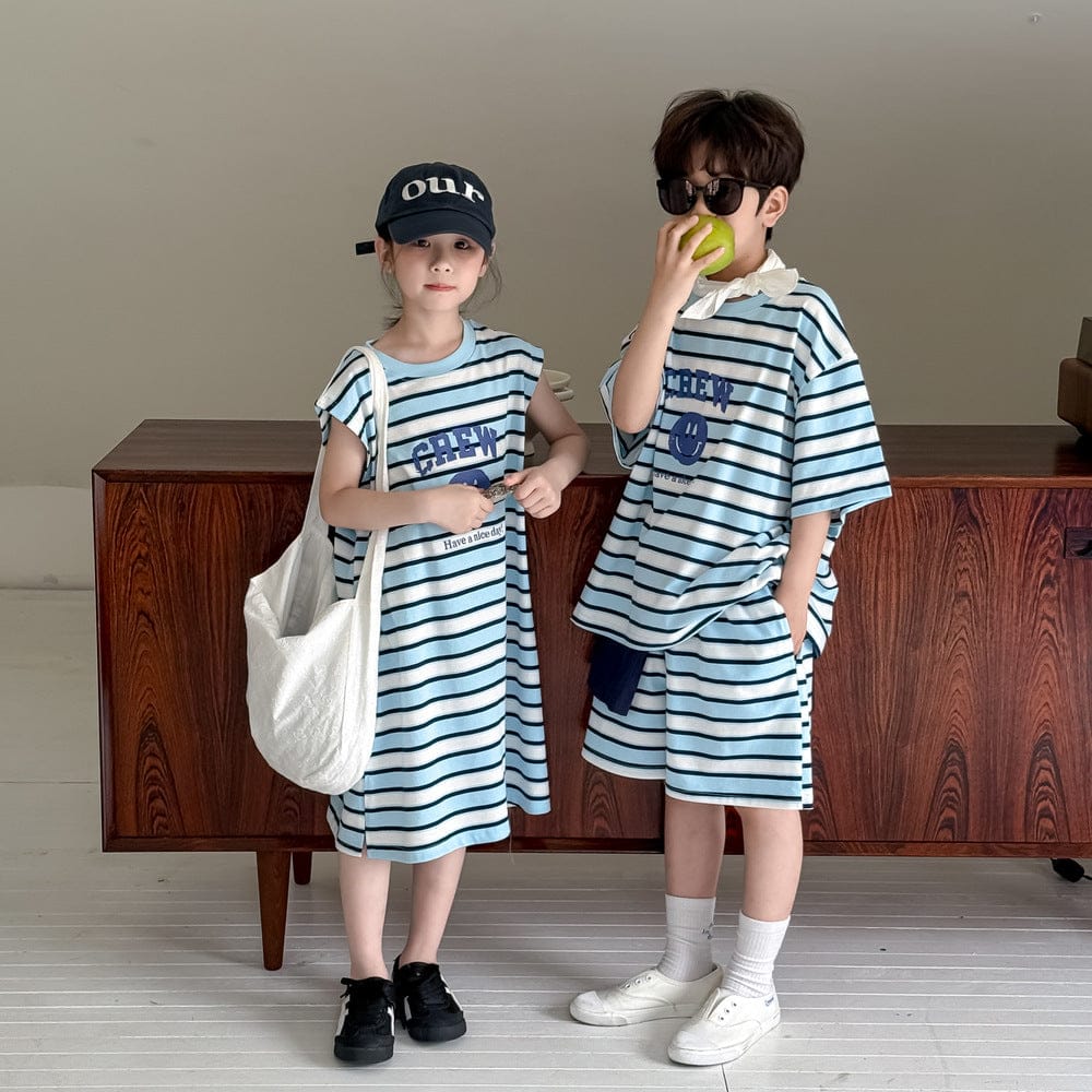 半袖セットアップ スマイルボーダープリントノースリーブワンピース/半袖Tシャツ+ショートパンツセット【mh0010048】