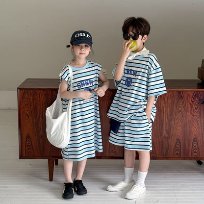 半袖セットアップ スマイルボーダープリントノースリーブワンピース/半袖Tシャツ+ショートパンツセット【mh0010048】