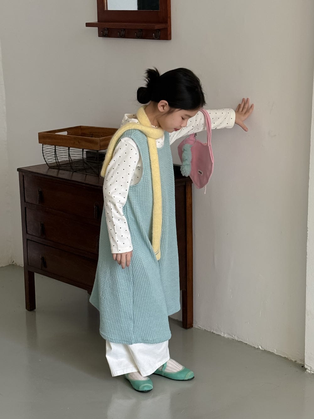 長袖セットアップ 無地メッシュノースリーブワンピース/長袖インナーTシャツ レイヤード用変形トップス【mh0010785】