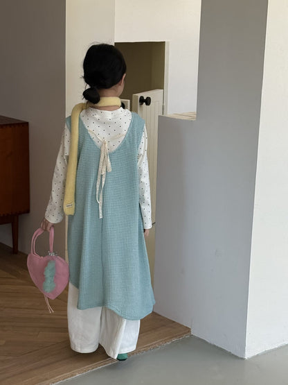 長袖セットアップ 無地メッシュノースリーブワンピース/長袖インナーTシャツ レイヤード用変形トップス【mh0010785】