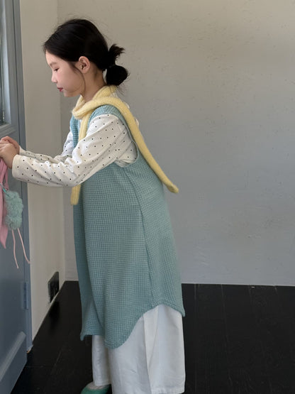 長袖セットアップ 無地メッシュノースリーブワンピース/長袖インナーTシャツ レイヤード用変形トップス【mh0010785】