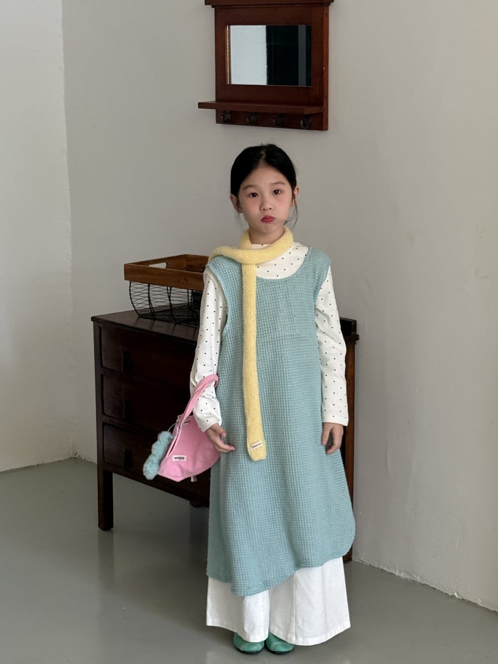 長袖セットアップ 無地メッシュノースリーブワンピース/長袖インナーTシャツ レイヤード用変形トップス【mh0010785】