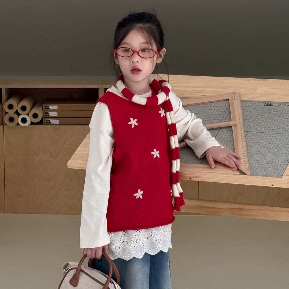 ベスト 花柄刺繍ニットベスト キッズ コットンベスト/裾レース長袖Tシャツ ノースリーブトップス【mh0010953】