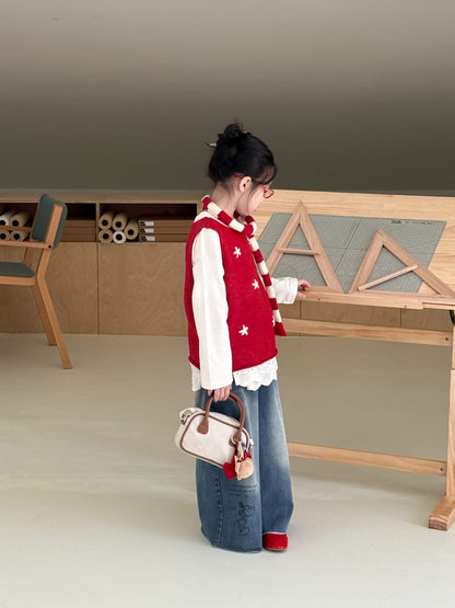 ベスト 花柄刺繍ニットベスト キッズ コットンベスト/裾レース長袖Tシャツ ノースリーブトップス【mh0010953】