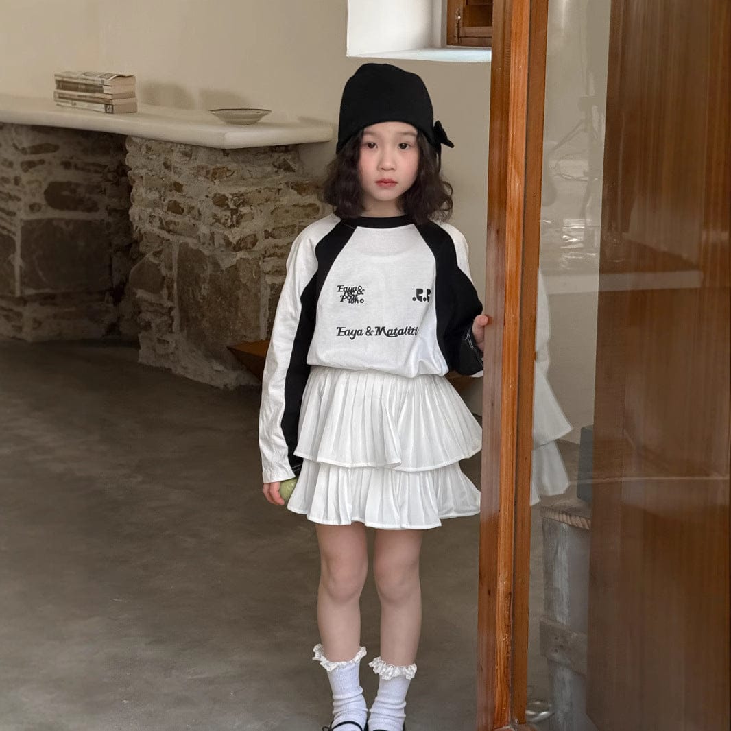 長袖セットアップ T-shirt / 90cm ロゴプリント長袖ラグランTシャツ/プリーツティアードフレアミニスカート【mh0009684】