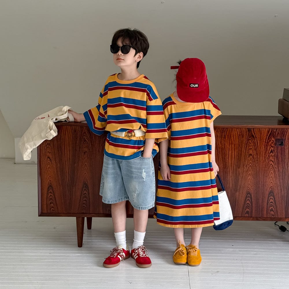半袖ワンピース レトロボーダー半袖Tシャツワンピース/半袖Tシャツ【mh0010047】
