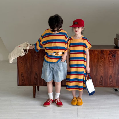 半袖ワンピース レトロボーダー半袖Tシャツワンピース/半袖Tシャツ【mh0010047】