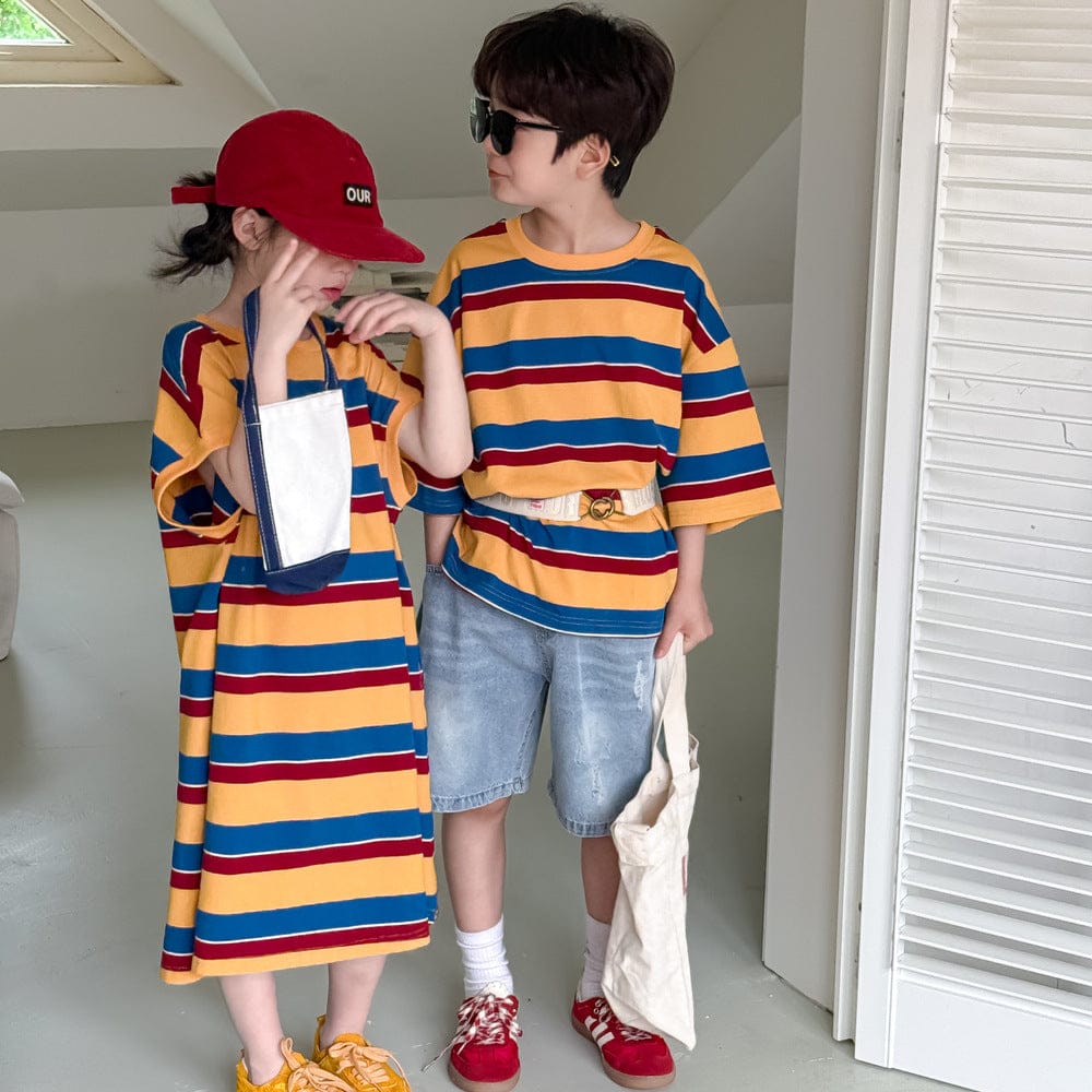 半袖ワンピース レトロボーダー半袖Tシャツワンピース/半袖Tシャツ【mh0010047】