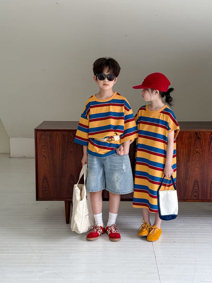 半袖ワンピース レトロボーダー半袖Tシャツワンピース/半袖Tシャツ【mh0010047】