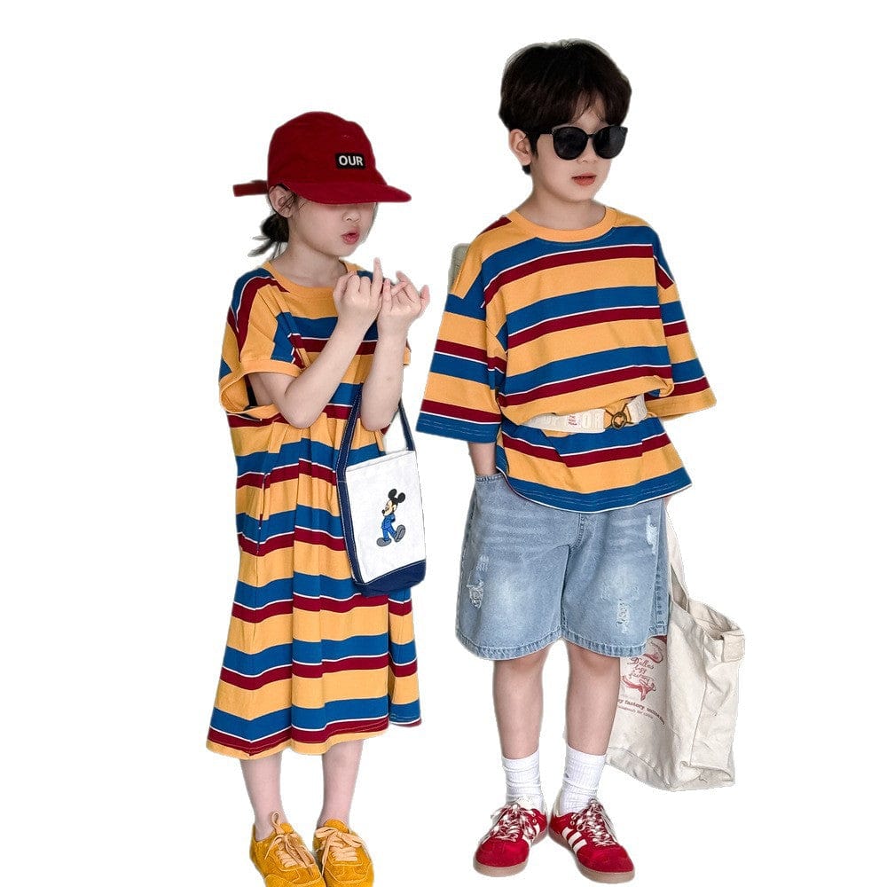 半袖ワンピース レトロボーダー半袖Tシャツワンピース/半袖Tシャツ【mh0010047】