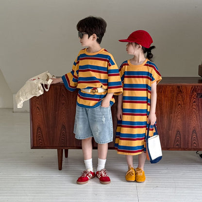 半袖ワンピース レトロボーダー半袖Tシャツワンピース/半袖Tシャツ【mh0010047】