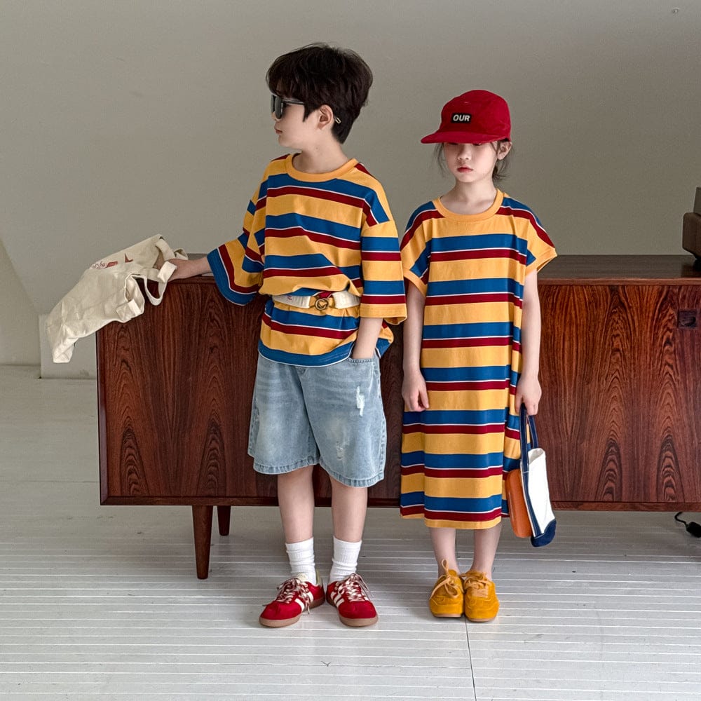 半袖ワンピース レトロボーダー半袖Tシャツワンピース/半袖Tシャツ【mh0010047】