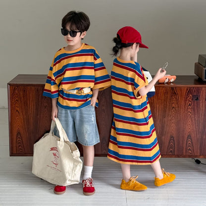 半袖ワンピース レトロボーダー半袖Tシャツワンピース/半袖Tシャツ【mh0010047】