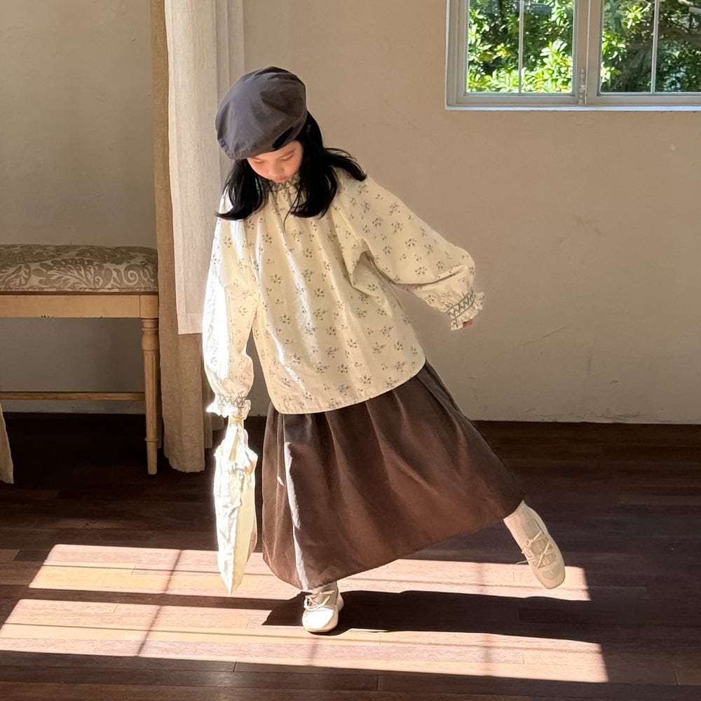 長袖セットアップ tops / 90cm 花柄パフスリーブブラウス/フリルヘムスカート 秋の森ガール風スタイル【mh0010756】