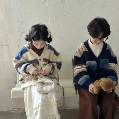 カーディガン・パーカー キッズカーディガン カラフルボーダーVネックニットジャケット 2カラー【mh0007368】