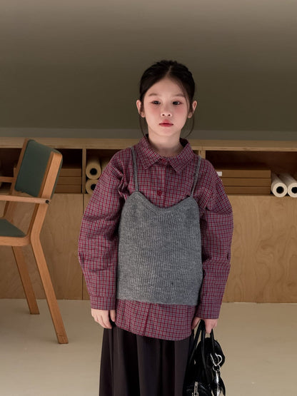長袖シャツ・ブラウス vest / 90cm チェック長袖ブラウス/ニットキャミソールベスト【mh0010945】