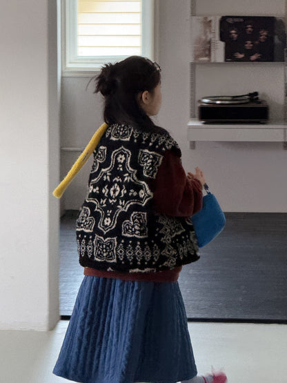 ショートコート・ジャケット・ジャンパー vest / 90cm ボアジャケット キッズ 総柄 レトロ 厚手 ノーカラー もこもこ アウター【mh0011658】