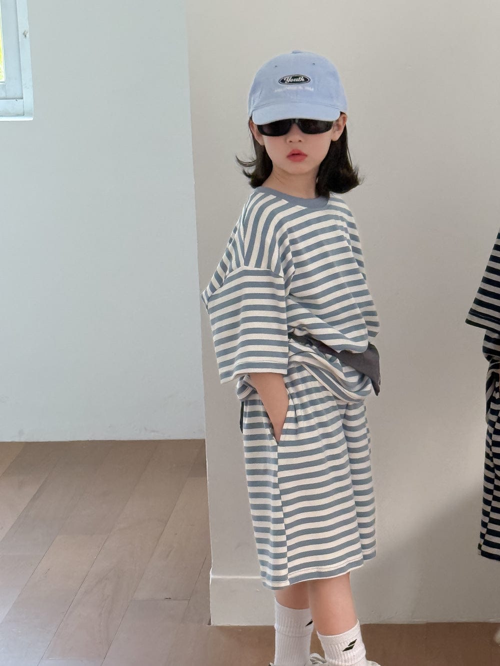 半袖セットアップ White / 110cm ボーダーセットアップ 2点セット 半袖Tシャツ+ハーフパンツ【mh0009681】