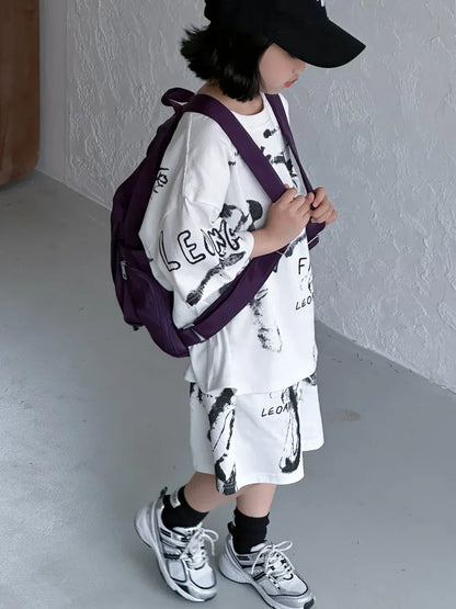 半袖セットアップ White / 90cm 1-2y / 取り寄せ（7〜35日） キッズセットアップ 2点セット 半袖Tシャツ+ハーフパンツ グラフィックプリント 2カラー【mh0005284】