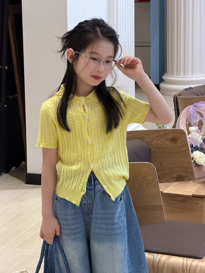 半袖シャツ・ブラウス Yellow / 100cm Lapel Knitted Short Sleeve Polo Shirt 襟付き半袖ニットポロシャツ【mh0012102】