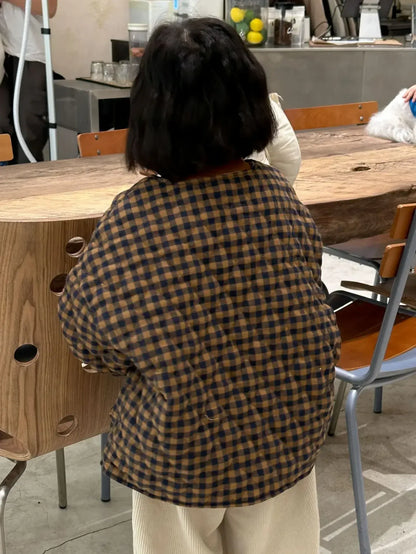 ショートコート・ジャケット・ジャンパー Yellow / 90cm 1-2y キッズアウター レトロチェックノーカラー裏フリースコートジャケット 2カラー【mh0007570】