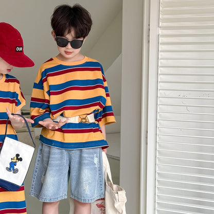 半袖ワンピース Yellow and blue striped T-shirt / 90cm レトロボーダー半袖Tシャツワンピース/半袖Tシャツ【mh0010047】