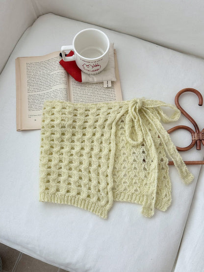 スカート Yellow / One Size サイドリボン透かし編みニット巻きスカート【mh0010771】