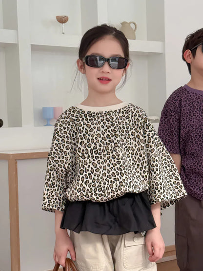 半袖Tシャツ Beige / 7T (140) キッズトップス レオパードヒョウ柄プリント半袖Tシャツ【mh0008885】