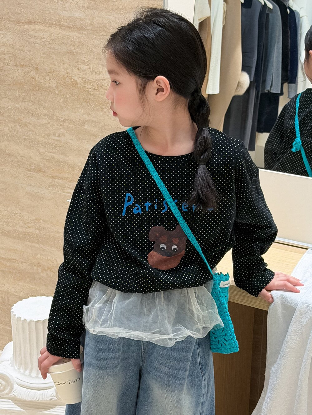 長袖Tシャツ Black / 100cm Polka Dot Cartoon Letter T-Shirt ドット柄キャラクター長袖Tシャツ【mh0012106】