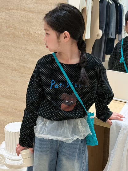 長袖Tシャツ Black / 100cm Polka Dot Cartoon Letter T-Shirt ドット柄キャラクター長袖Tシャツ【mh0012106】