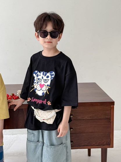 半袖Tシャツ Black / 90cm レオパードプリント半袖Tシャツ【mh0010060】