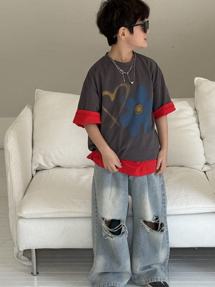 半袖Tシャツ Dark Gray / 90cm フラワープリント半袖ルーズTシャツ【mh0009678】