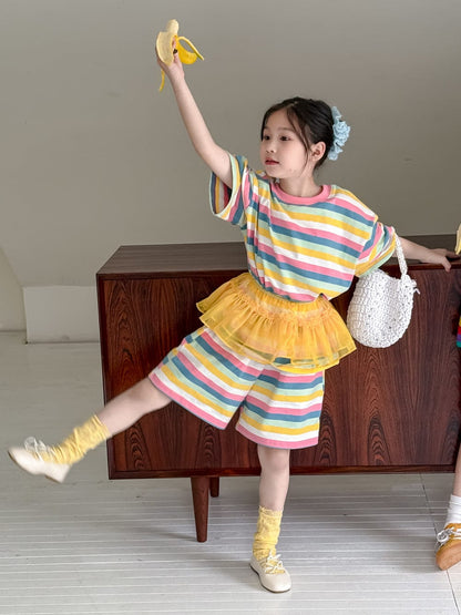 半袖Tシャツ Pink / 100cm カラフルボーダー半袖Tシャツ+ショートパンツセットアップ 2点セット【mh0010055】