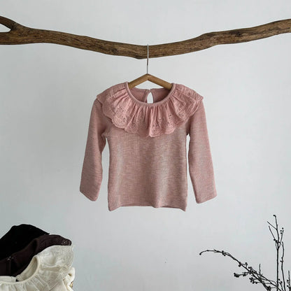 長袖Tシャツ Pink / 90cm 1-2y キッズトップス レースラッフル襟長袖Tシャツ 4カラー【mh0007365】