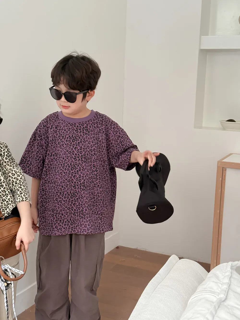半袖Tシャツ Purple / 3T (100) キッズトップス レオパードヒョウ柄プリント半袖Tシャツ【mh0008885】