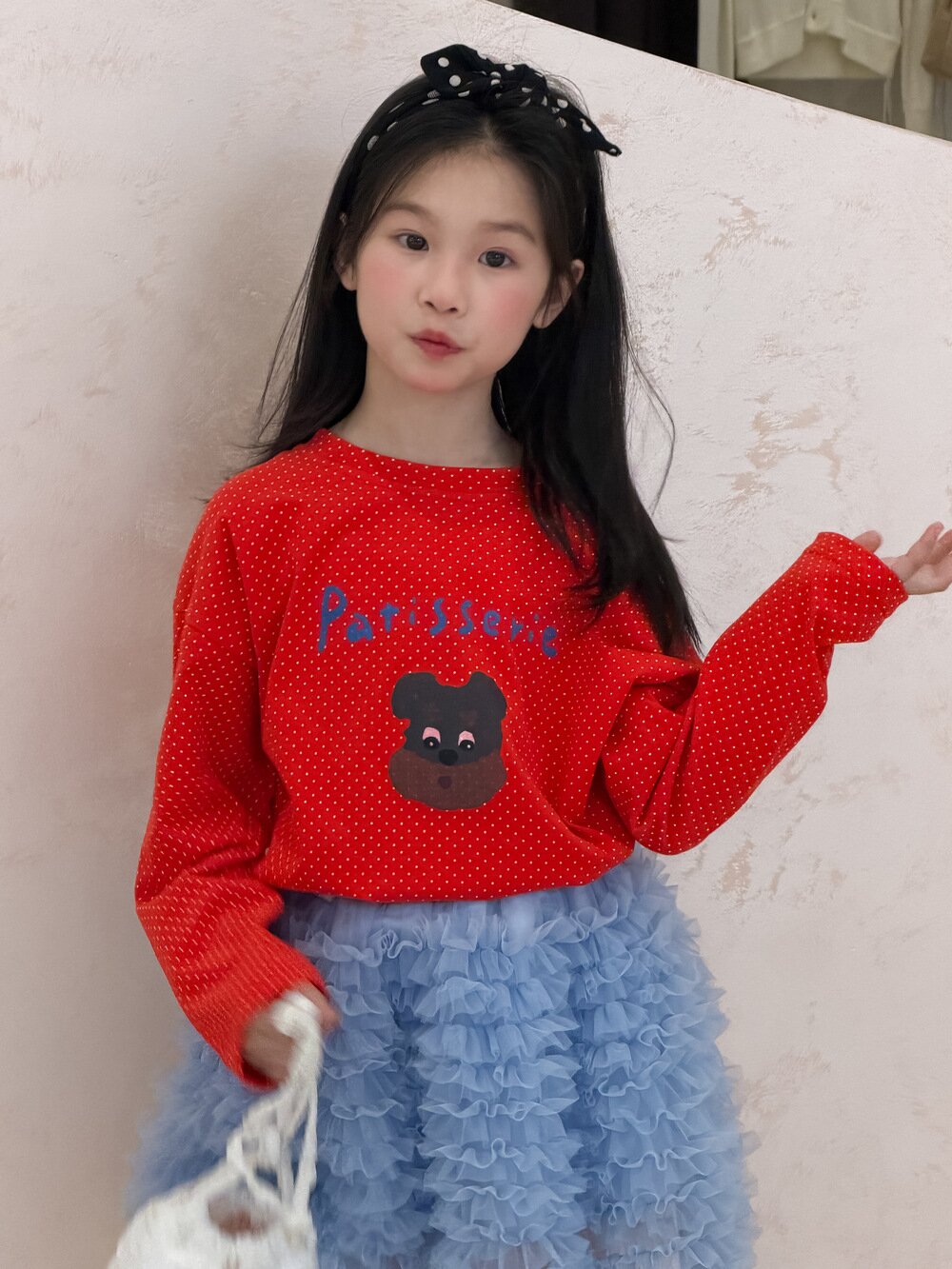 長袖Tシャツ Red / 100cm Polka Dot Cartoon Letter T-Shirt ドット柄キャラクター長袖Tシャツ【mh0012106】