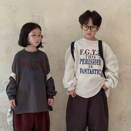 長袖Tシャツ キッズトップス レターロゴプリント厚手長袖Tシャツ 2カラー【mh0007573】