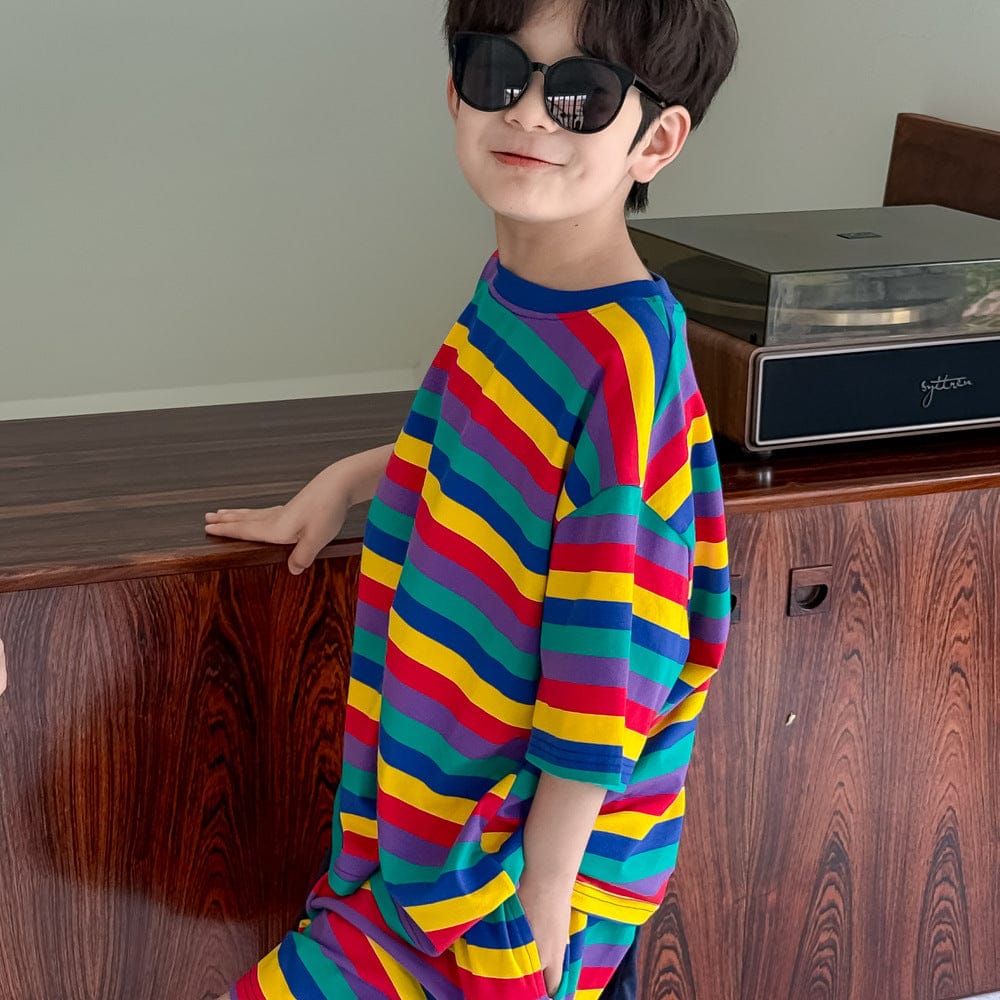 半袖Tシャツ カラフルボーダー半袖Tシャツ+ショートパンツセットアップ 2点セット【mh0010055】