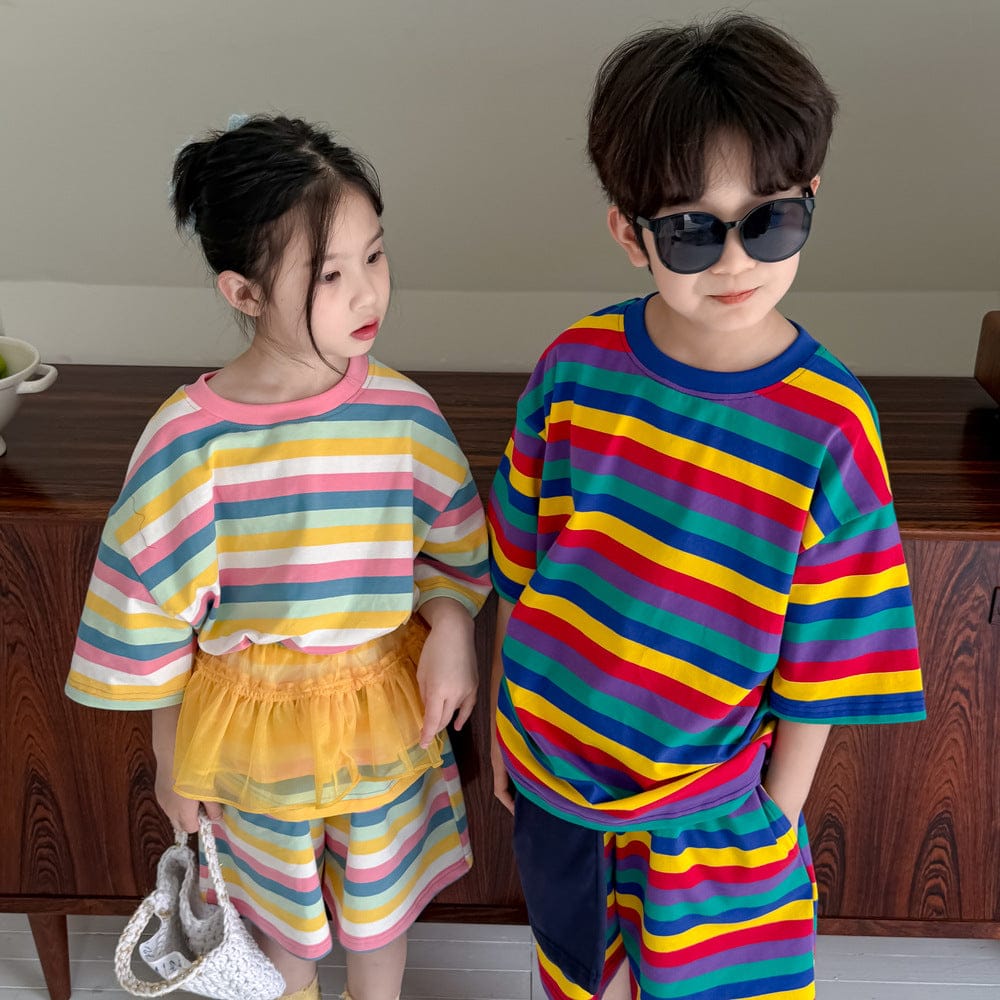 半袖Tシャツ カラフルボーダー半袖Tシャツ+ショートパンツセットアップ 2点セット【mh0010055】