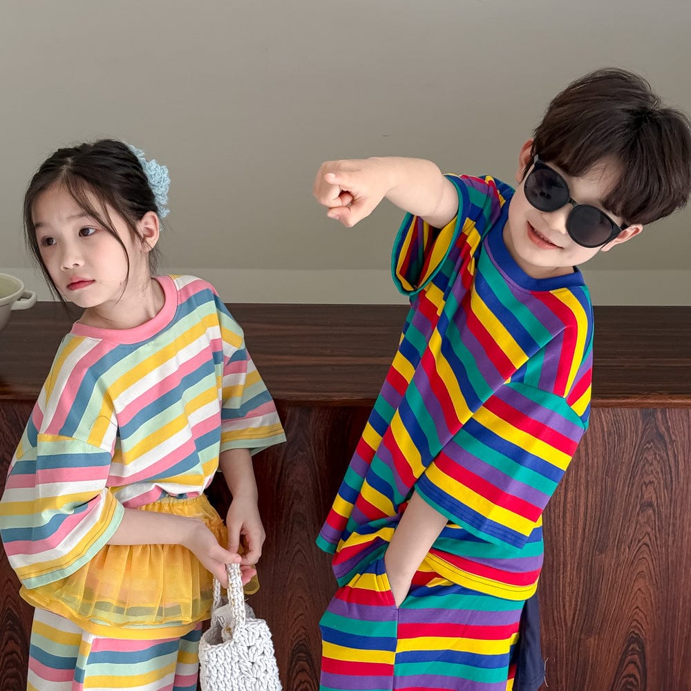 半袖Tシャツ カラフルボーダー半袖Tシャツ+ショートパンツセットアップ 2点セット【mh0010055】