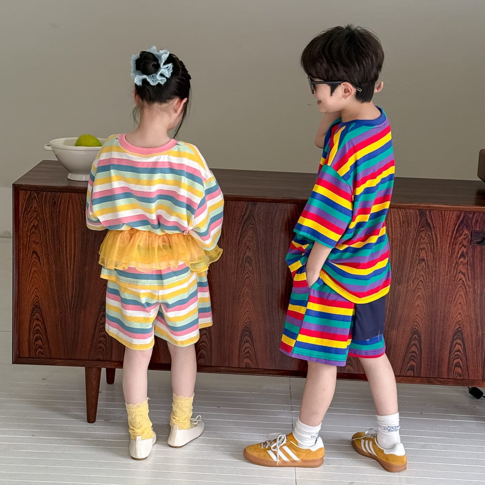 半袖Tシャツ カラフルボーダー半袖Tシャツ+ショートパンツセットアップ 2点セット【mh0010055】