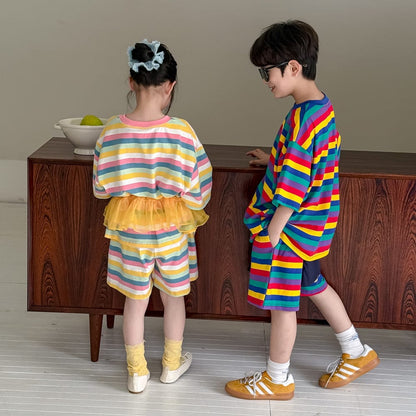 半袖Tシャツ カラフルボーダー半袖Tシャツ+ショートパンツセットアップ 2点セット【mh0010055】