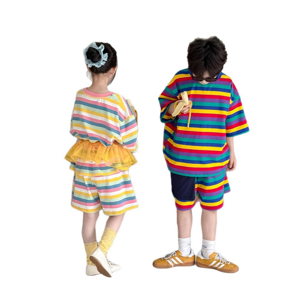 半袖Tシャツ カラフルボーダー半袖Tシャツ+ショートパンツセットアップ 2点セット【mh0010055】