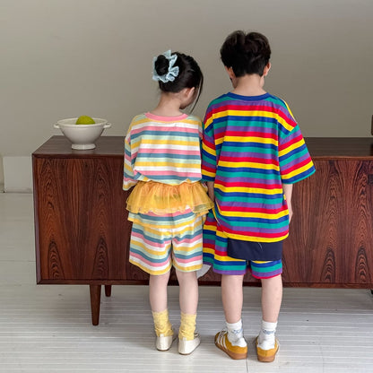 半袖Tシャツ カラフルボーダー半袖Tシャツ+ショートパンツセットアップ 2点セット【mh0010055】
