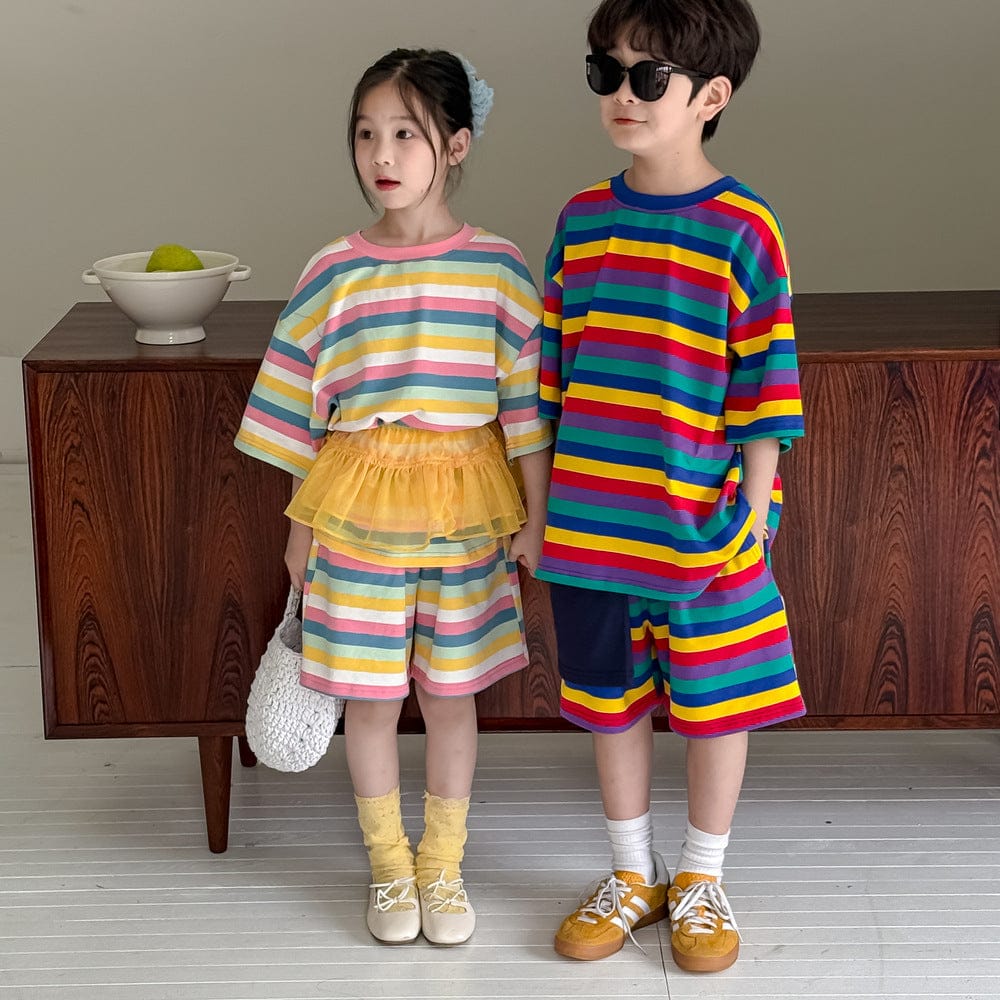 半袖Tシャツ カラフルボーダー半袖Tシャツ+ショートパンツセットアップ 2点セット【mh0010055】