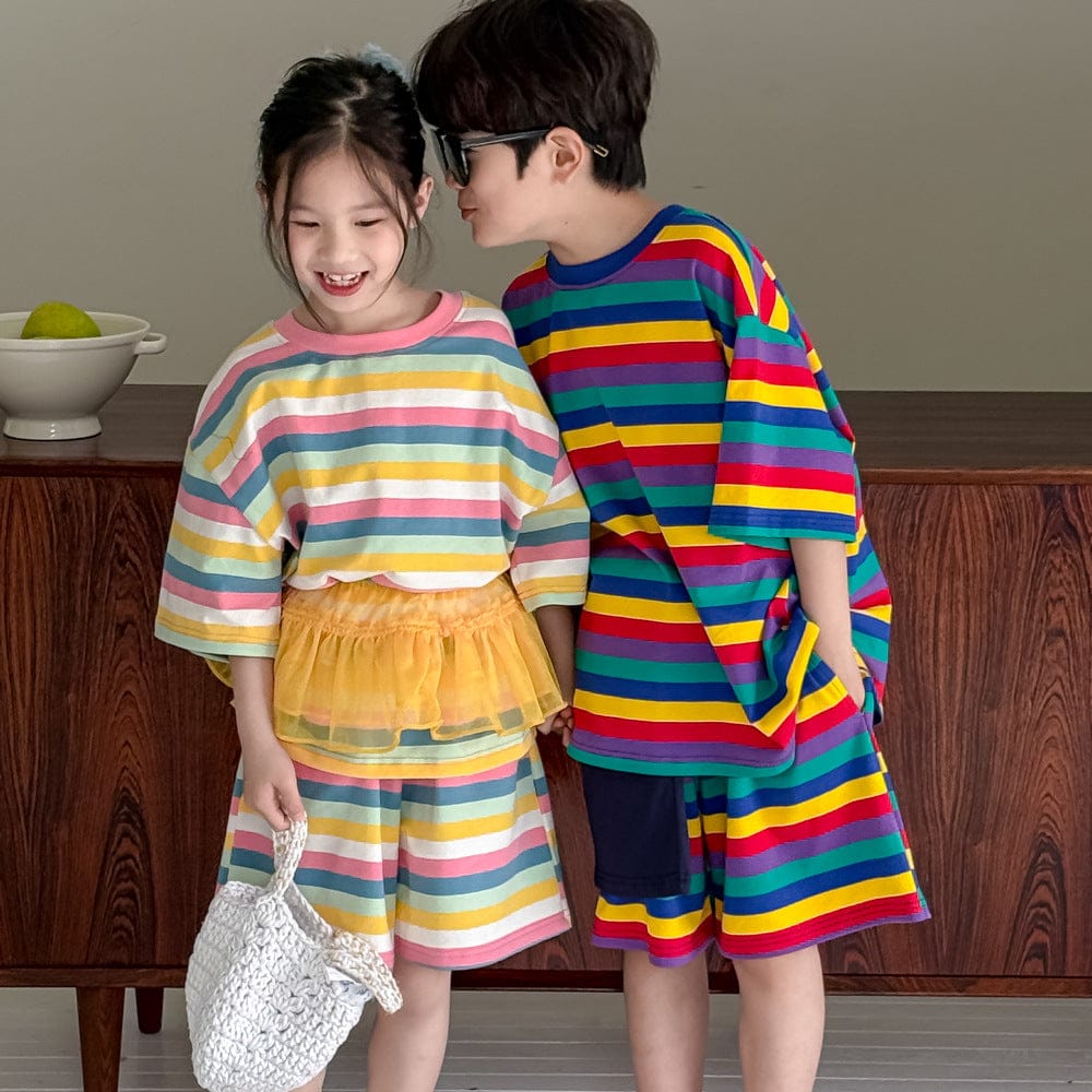 半袖Tシャツ カラフルボーダー半袖Tシャツ+ショートパンツセットアップ 2点セット【mh0010055】
