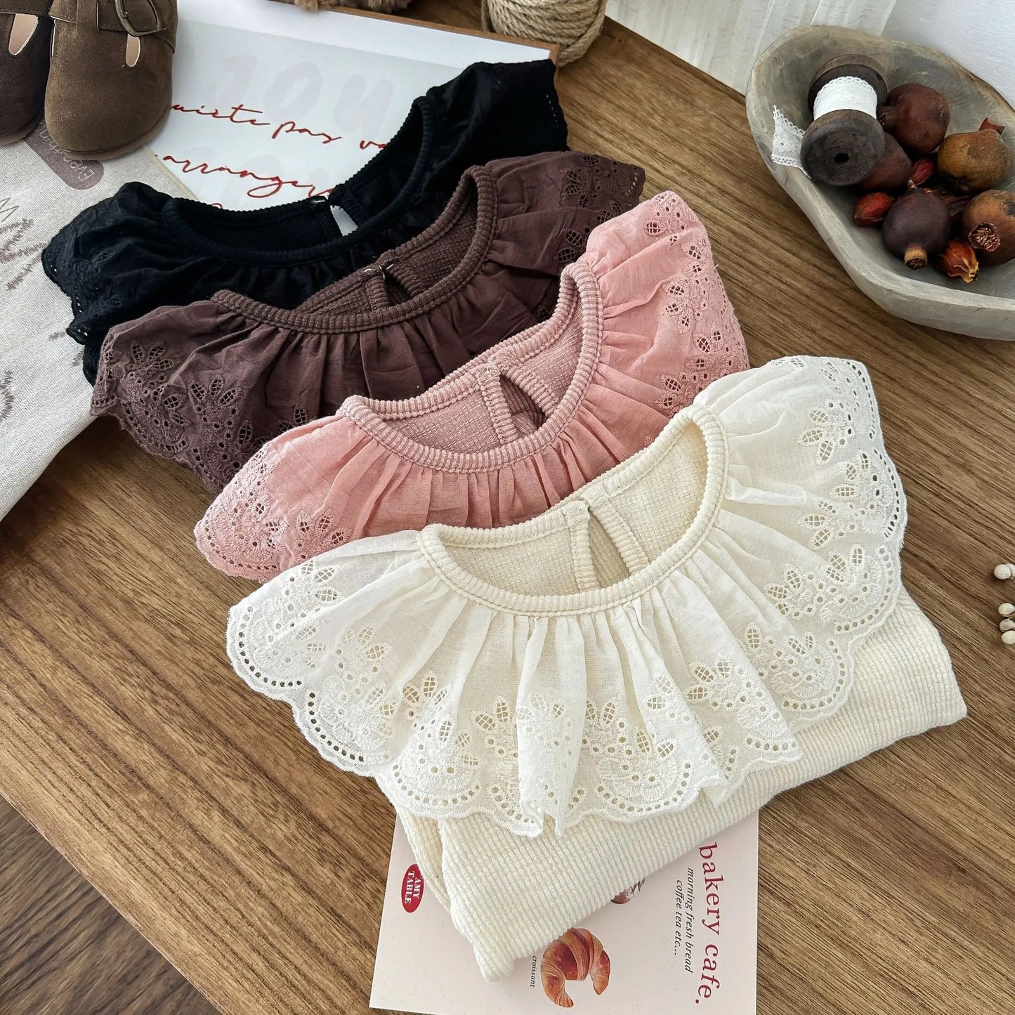 長袖Tシャツ キッズトップス レースラッフル襟長袖Tシャツ 4カラー【mh0007365】