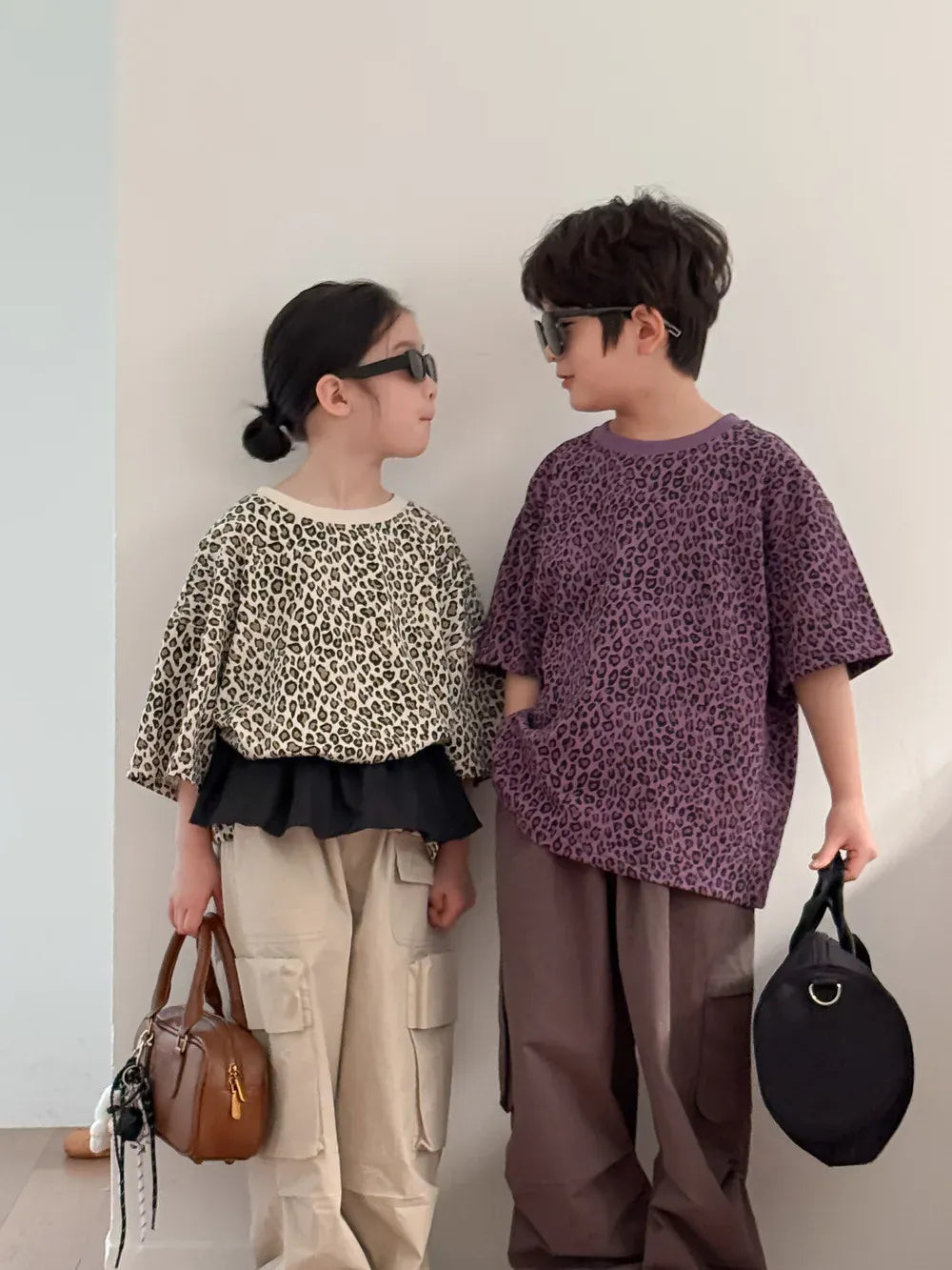 半袖Tシャツ キッズトップス レオパードヒョウ柄プリント半袖Tシャツ【mh0008885】